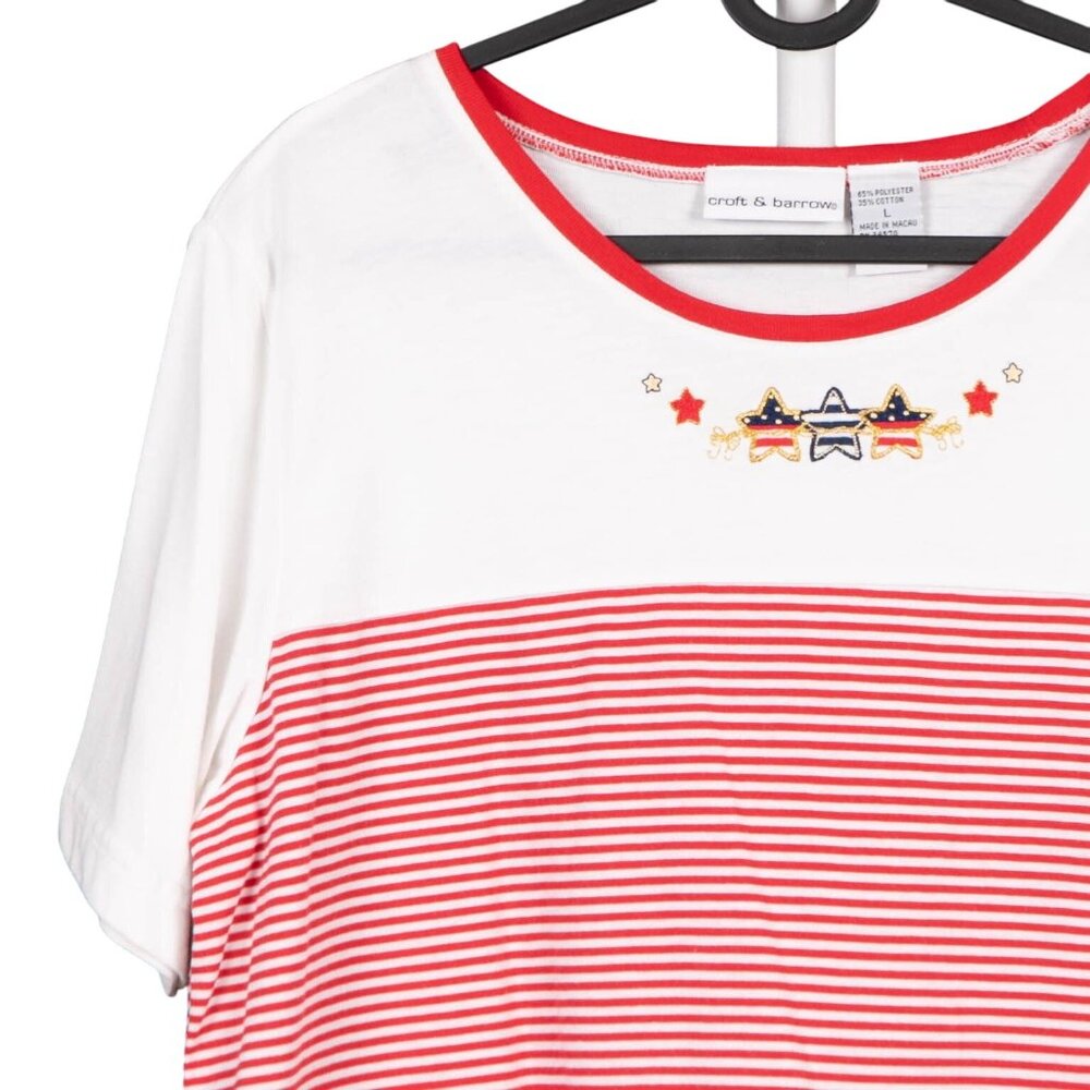 Y2K Patriotic TShirt L 90s Striped Red White Stars Embroidered July 4th USA - Picture 2 of 5
